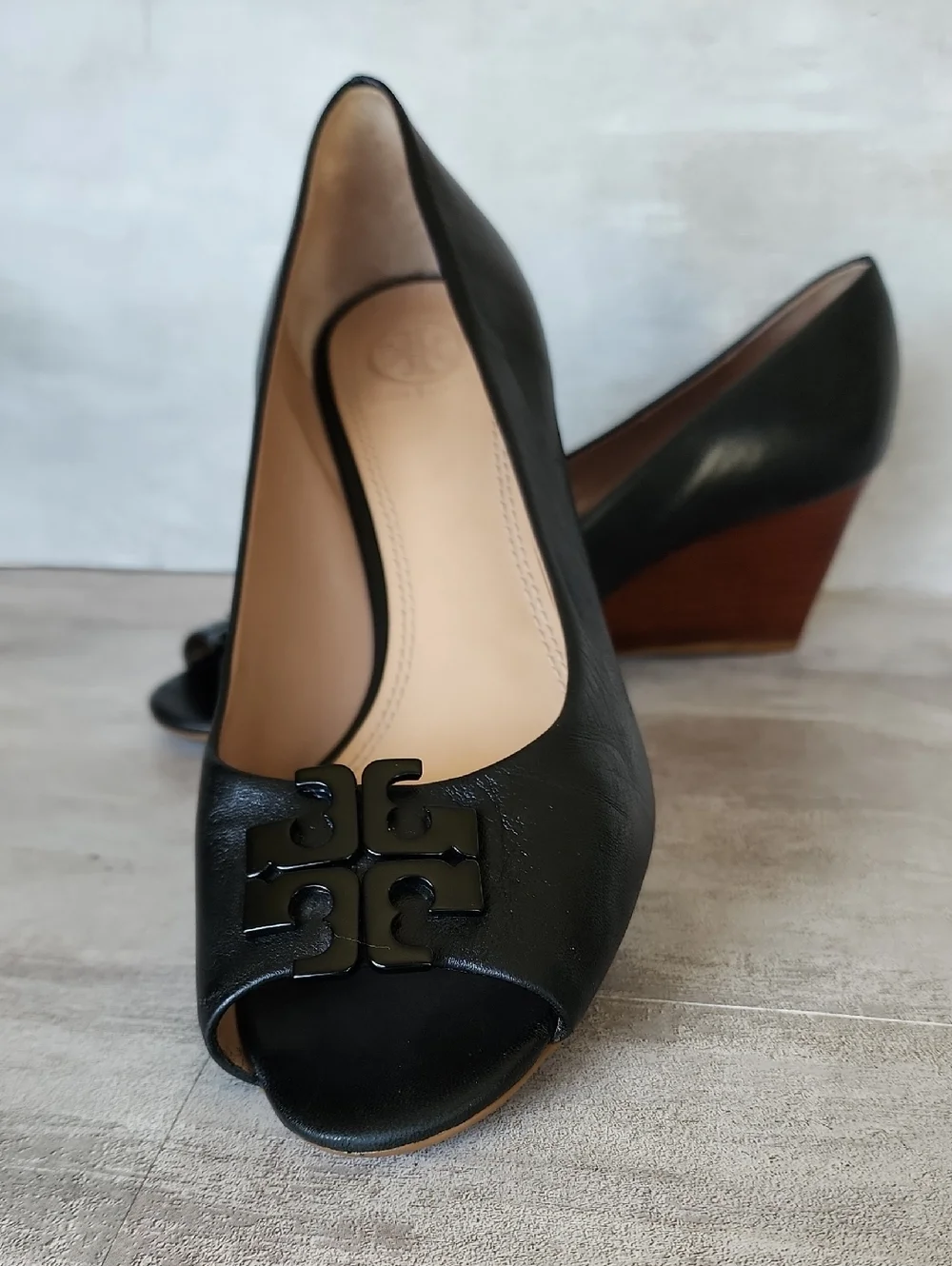 Tory Burch Black Lowell Peep Toe Wedge Pump Size 7.5